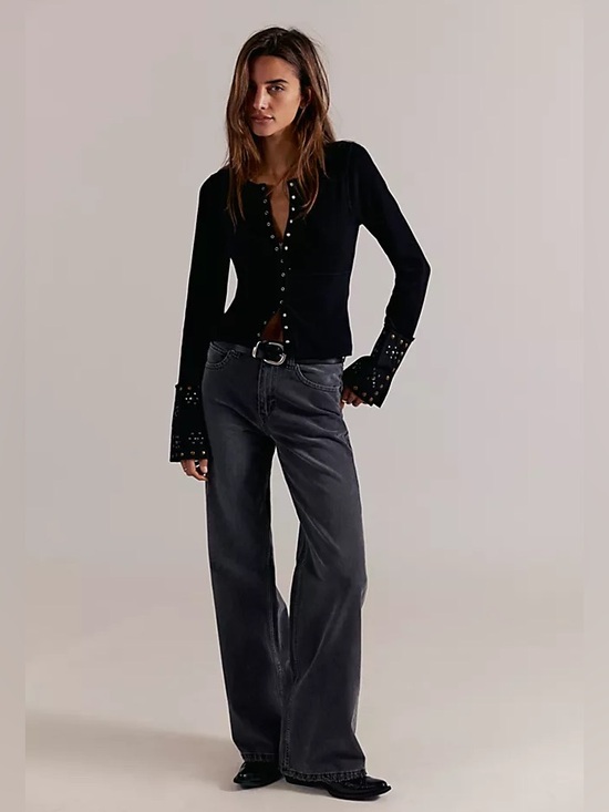 Free People Denim - We The Free Tinsley Baggy High Rise Straigjt Leg Jeans Faded Black Slouch Grunge